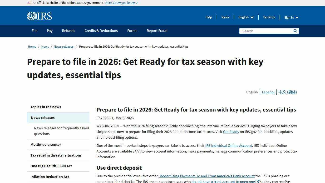 Prepare to file in 2026: Get Ready for tax season with key updates, essential tips | Internal Revenue Service